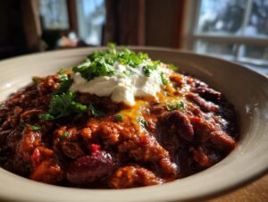 A close-up of a bowl of hearty pumpkin chili topped with sour cream and fresh cilantro.