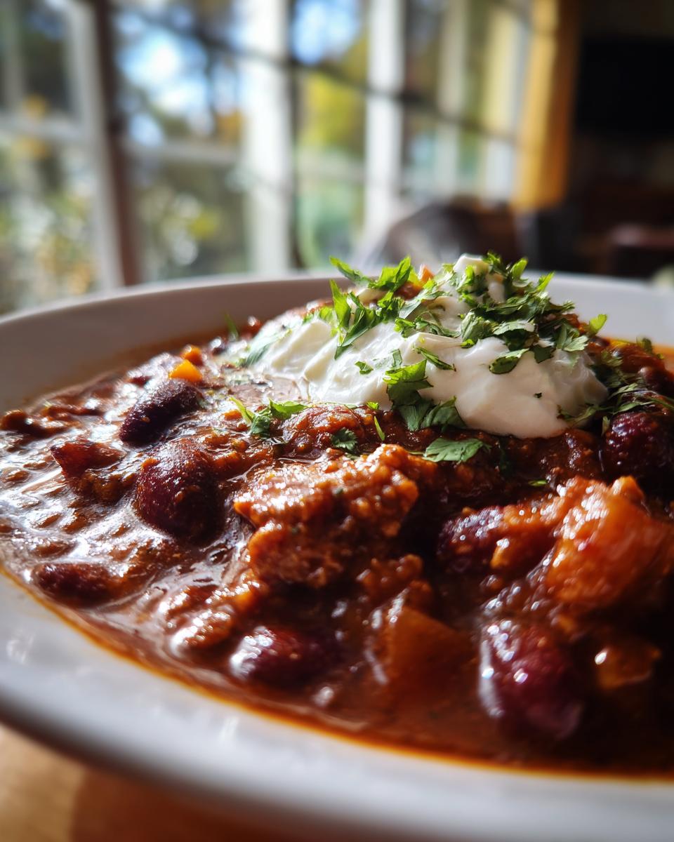 A close-up of a bowl of hearty pumpkin chili topped with sour cream and fresh parsley.