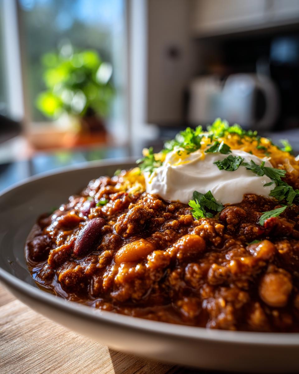 A close-up of a bowl of hearty pumpkin chili topped with sour cream, shredded cheese, and fresh parsley.