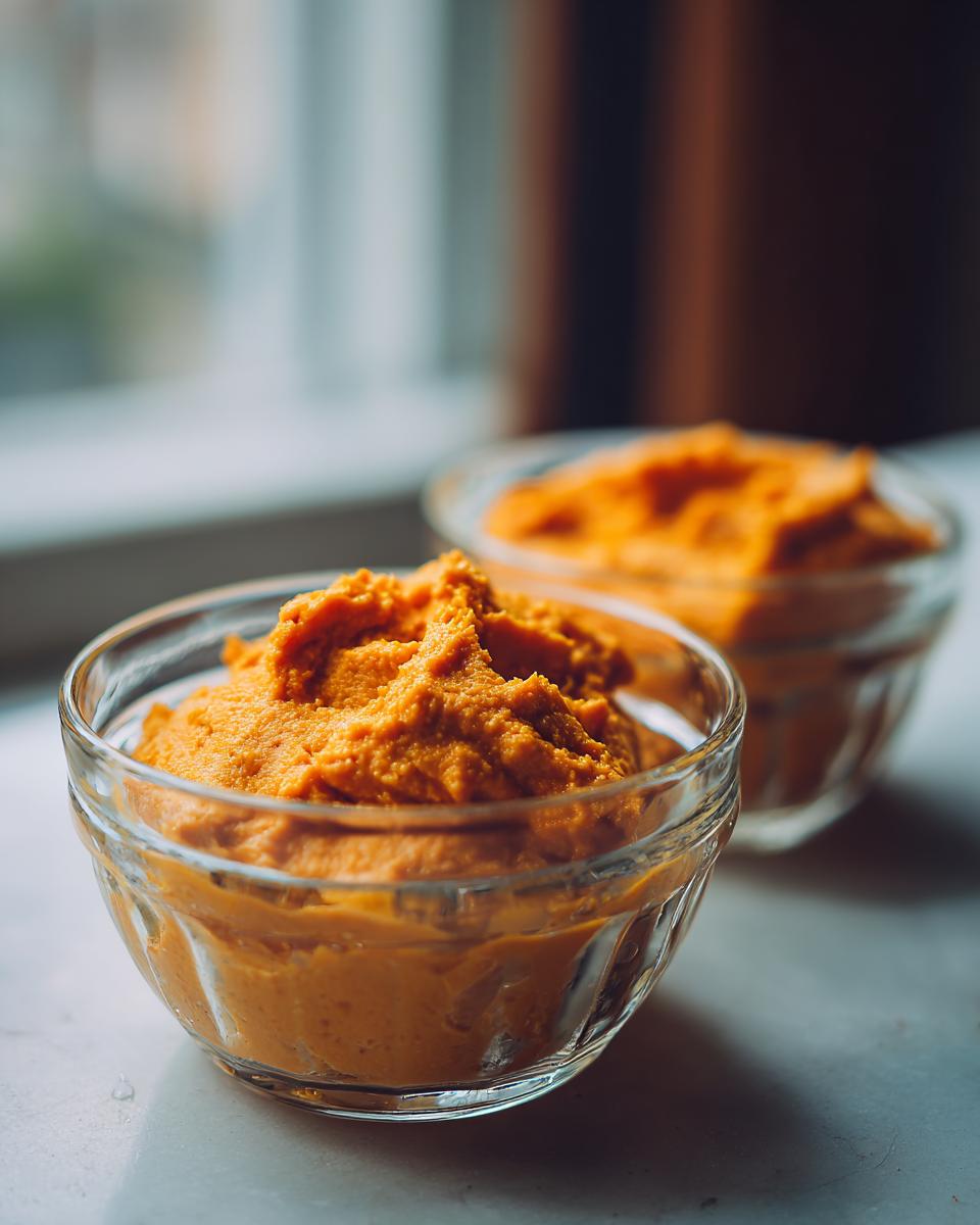 Two glass bowls filled with vibrant orange high protein pumpkin mousse, with a soft focus background.