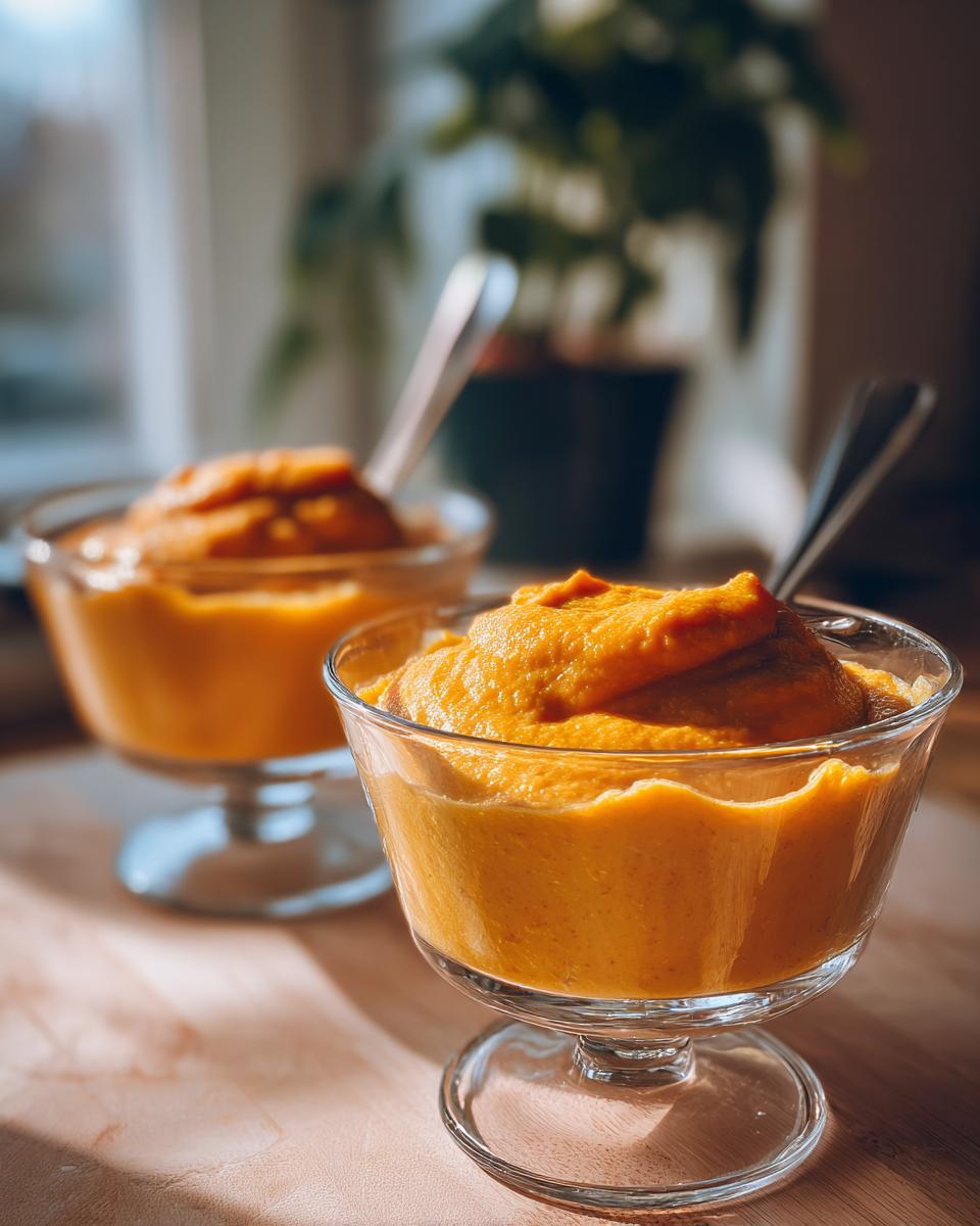 Two glasses filled with vibrant orange high protein pumpkin mousse, each with a spoon. Sunlight streams in.