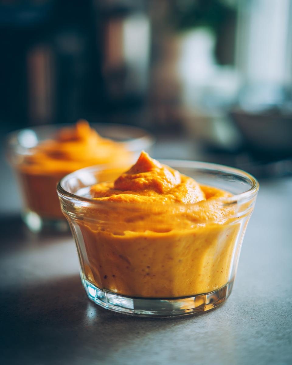 Close-up of a creamy high protein pumpkin mousse served in a clear glass cup, with another cup blurred in the background.