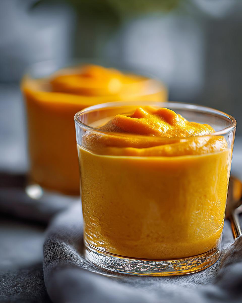 Two glasses filled with creamy, vibrant orange high protein pumpkin mousse, presented on a dark surface.