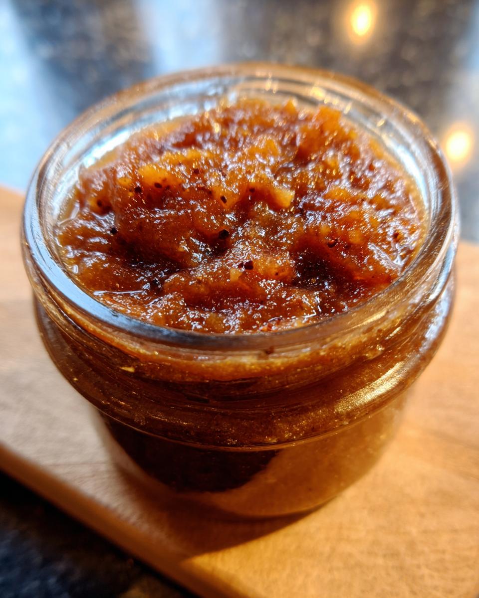 Close-up of a small glass jar filled with rich, dark homemade apple butter.