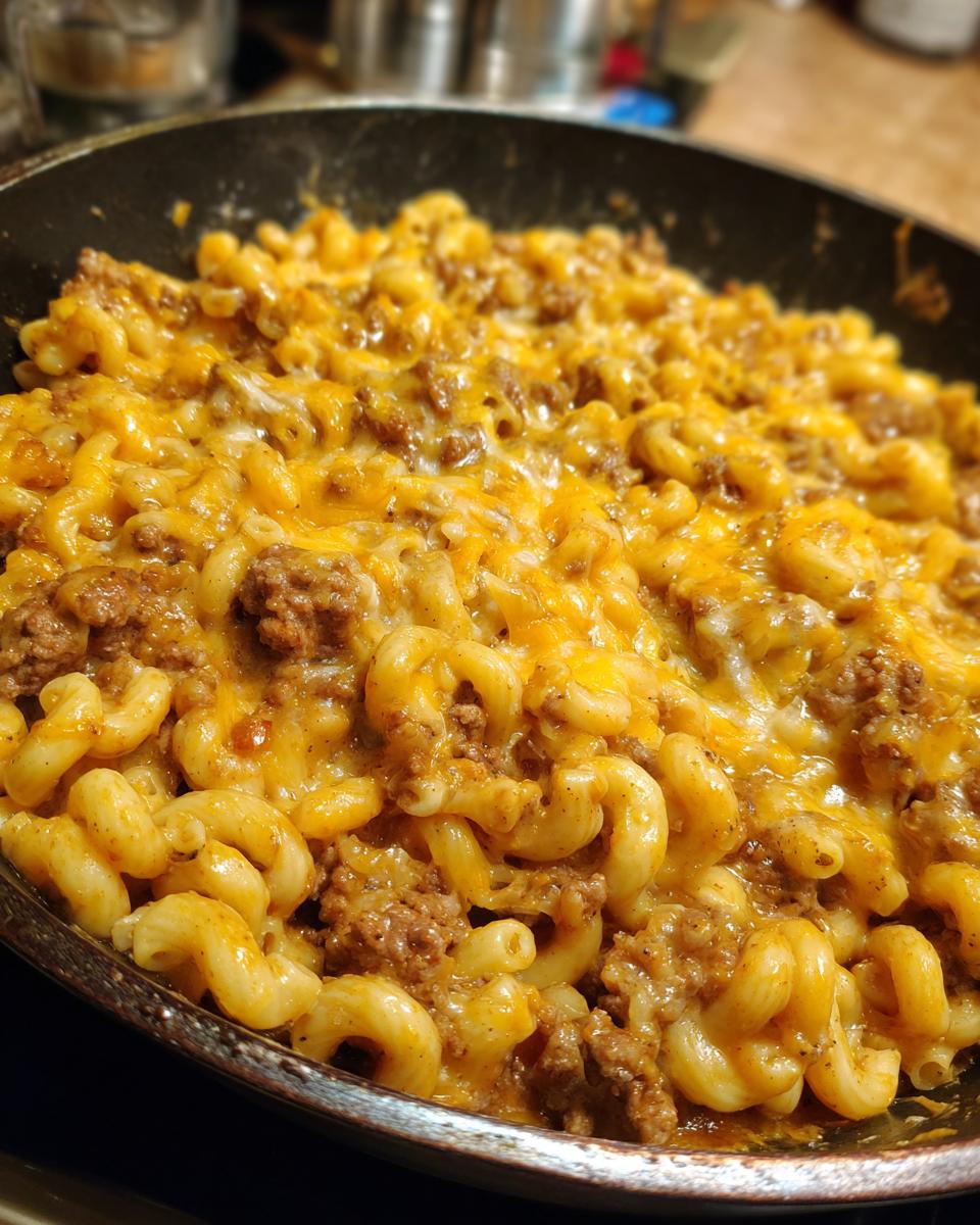 Close-up of a pan filled with Homemade Hamburger Helper, featuring elbow macaroni and seasoned ground beef topped with melted cheddar cheese.