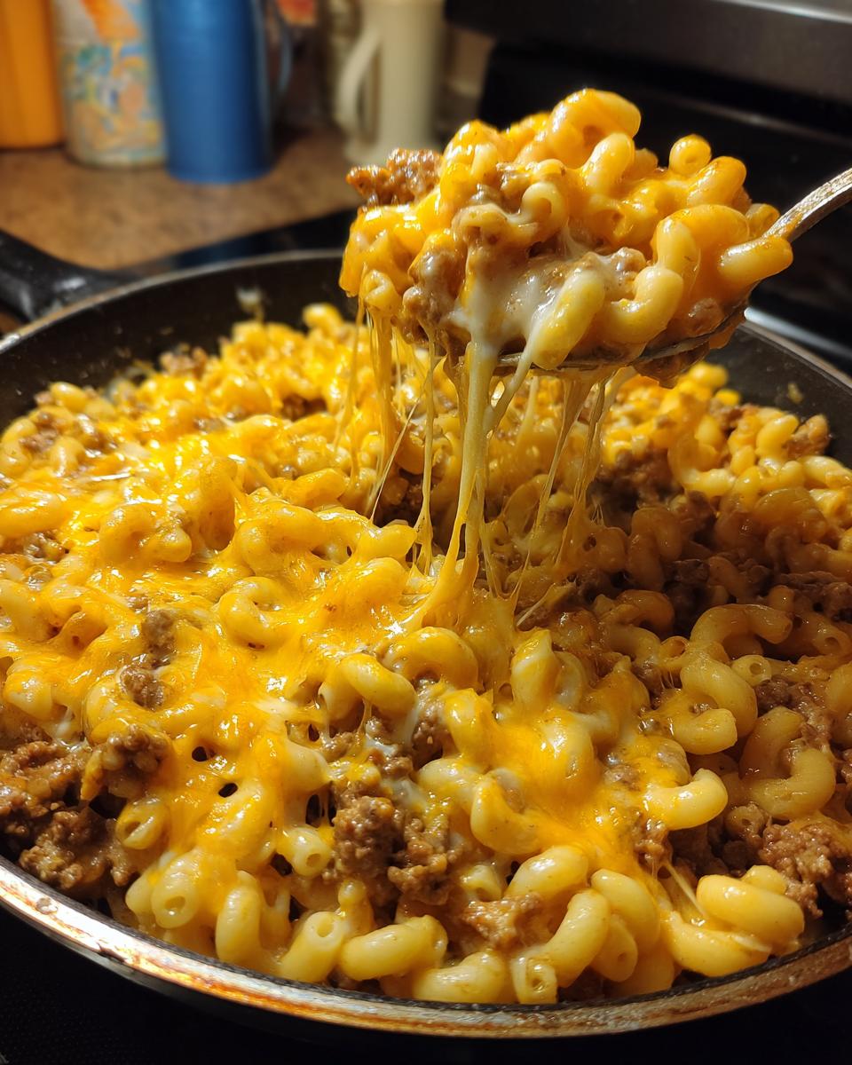 A spoonful of cheesy Homemade Hamburger Helper with melted cheddar cheese and ground beef.