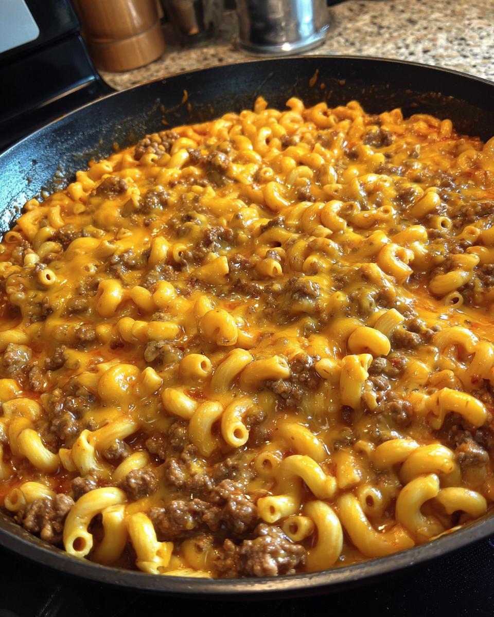 Close-up of a skillet filled with cheesy homemade hamburger helper, featuring macaroni pasta and seasoned ground beef.