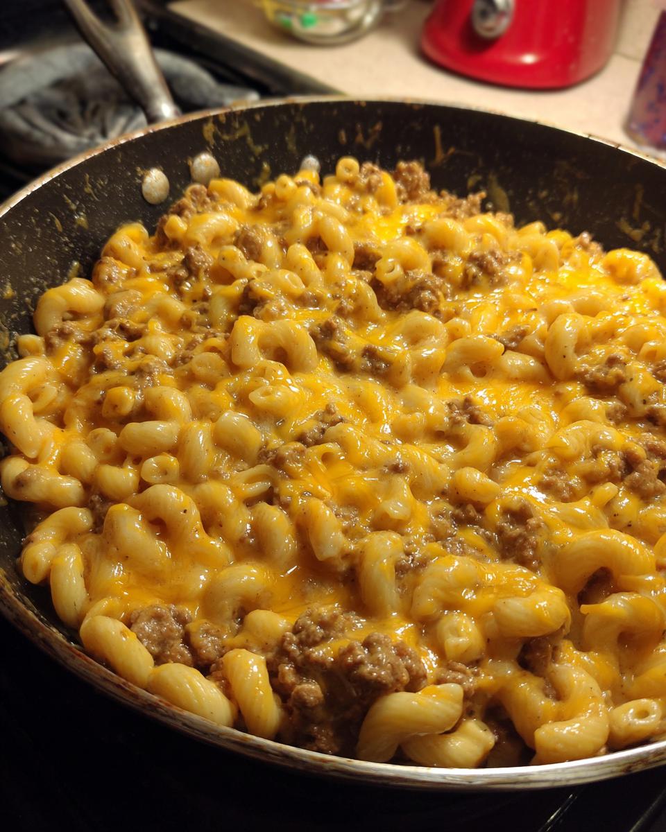 Close-up of a skillet filled with creamy, cheesy homemade hamburger helper, showing macaroni and ground beef.