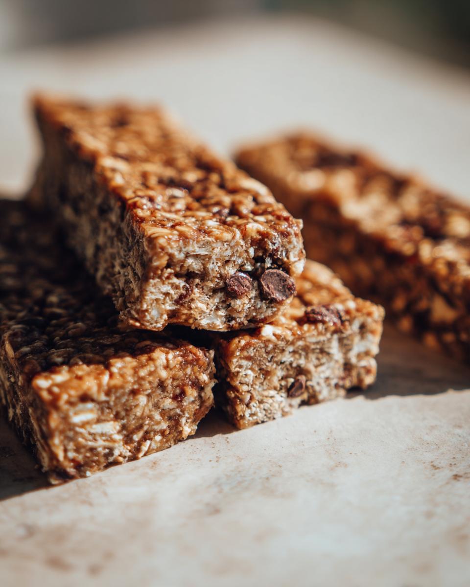 Close-up of homemade protein bars stacked, showing oats, seeds, and chocolate chips.
