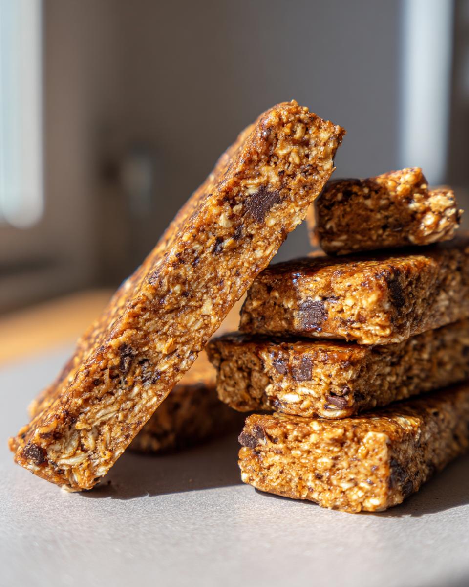Close-up of homemade protein bars stacked, showing oats, nuts, and chocolate chips.