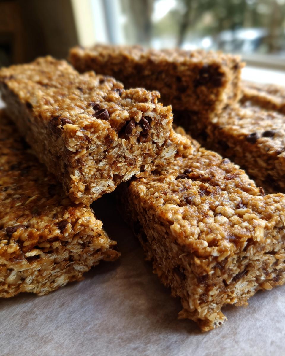 Close-up of homemade protein bars with oats and chocolate chips, ready to eat.