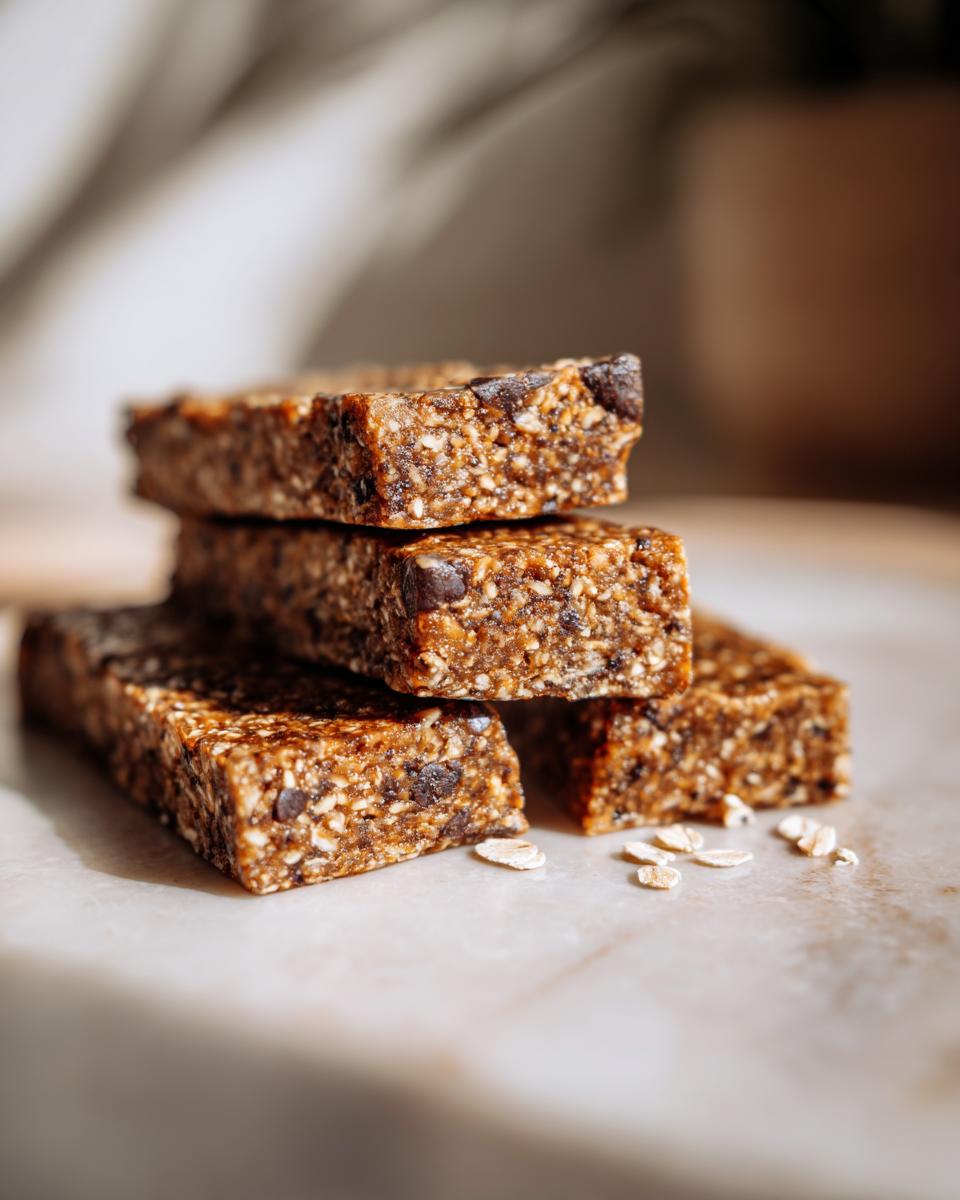 Stack of homemade protein bars with visible chocolate chips and oats scattered on a marble surface.