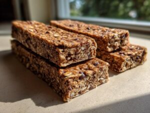 Close-up of homemade protein bars stacked on a counter, showing oats, chocolate chips, and nuts.