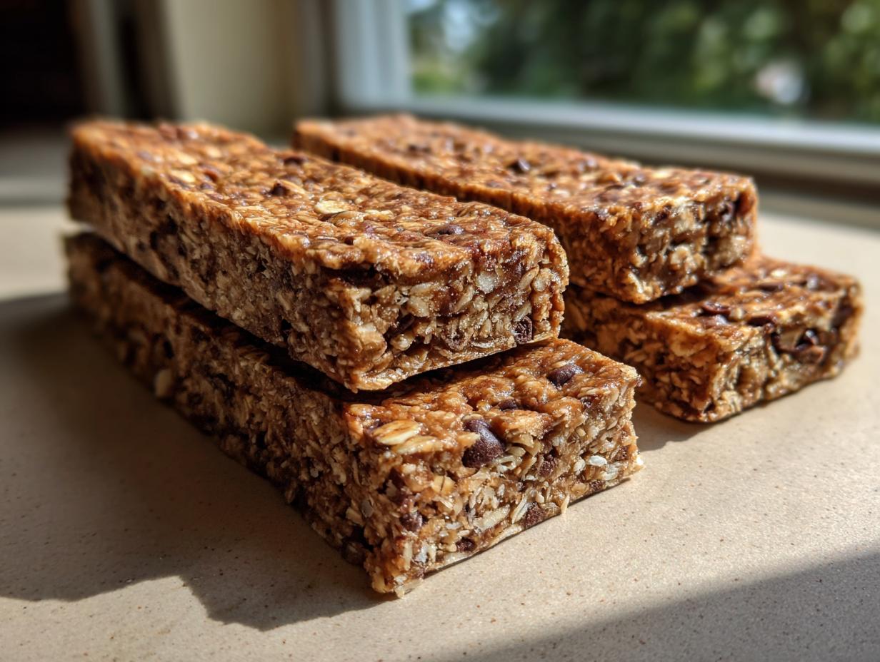Close-up of homemade protein bars stacked on a counter, showing oats, chocolate chips, and nuts.