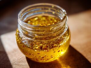 Close-up of a small glass jar filled with golden vinaigrette salad dressing, showing emulsified oil and vinegar with spices.