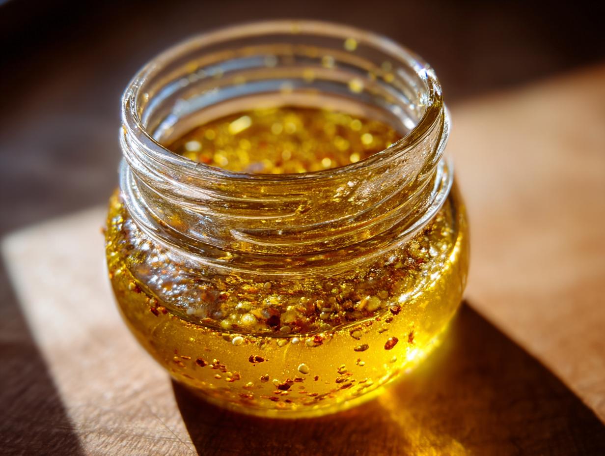 Close-up of a small glass jar filled with golden vinaigrette salad dressing, showing emulsified oil and vinegar with spices.