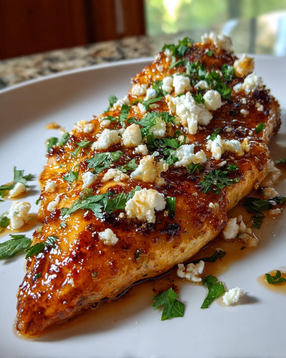 A perfectly cooked hot honey feta chicken breast, glistening with sauce and topped with crumbled feta and fresh parsley.