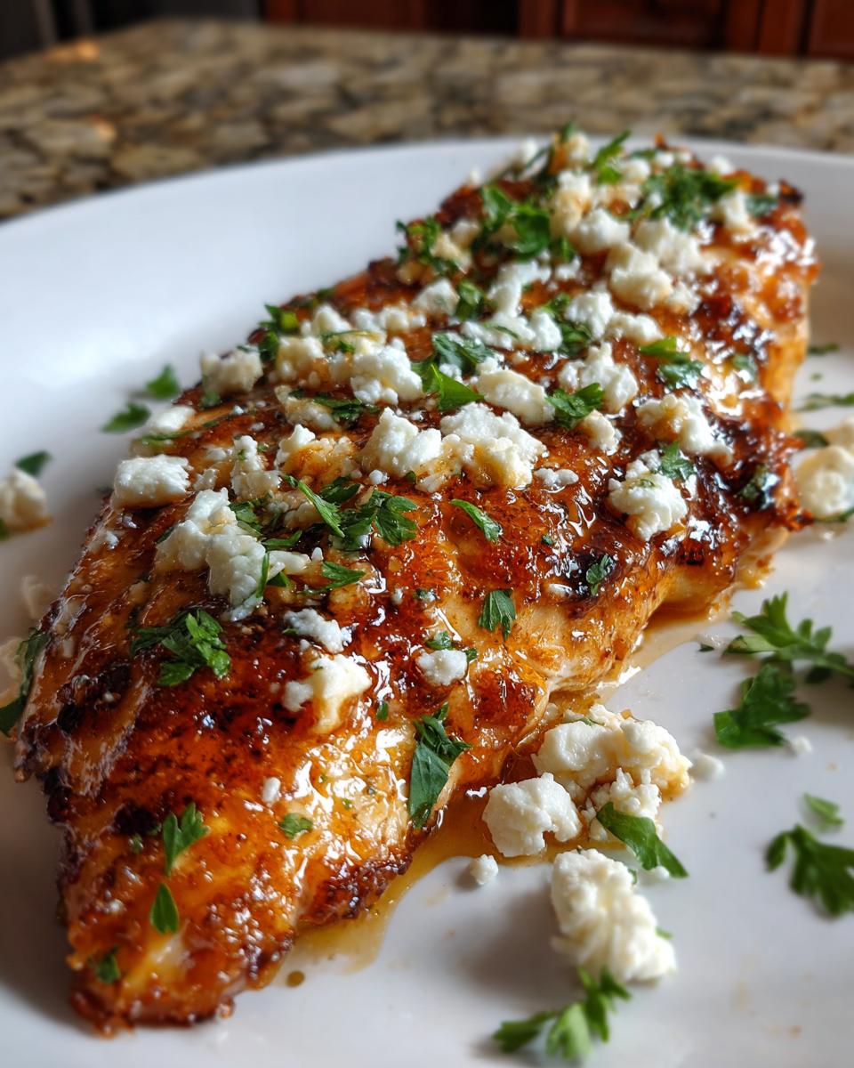 A glistening piece of hot honey feta chicken breast topped with crumbled feta cheese and fresh parsley.