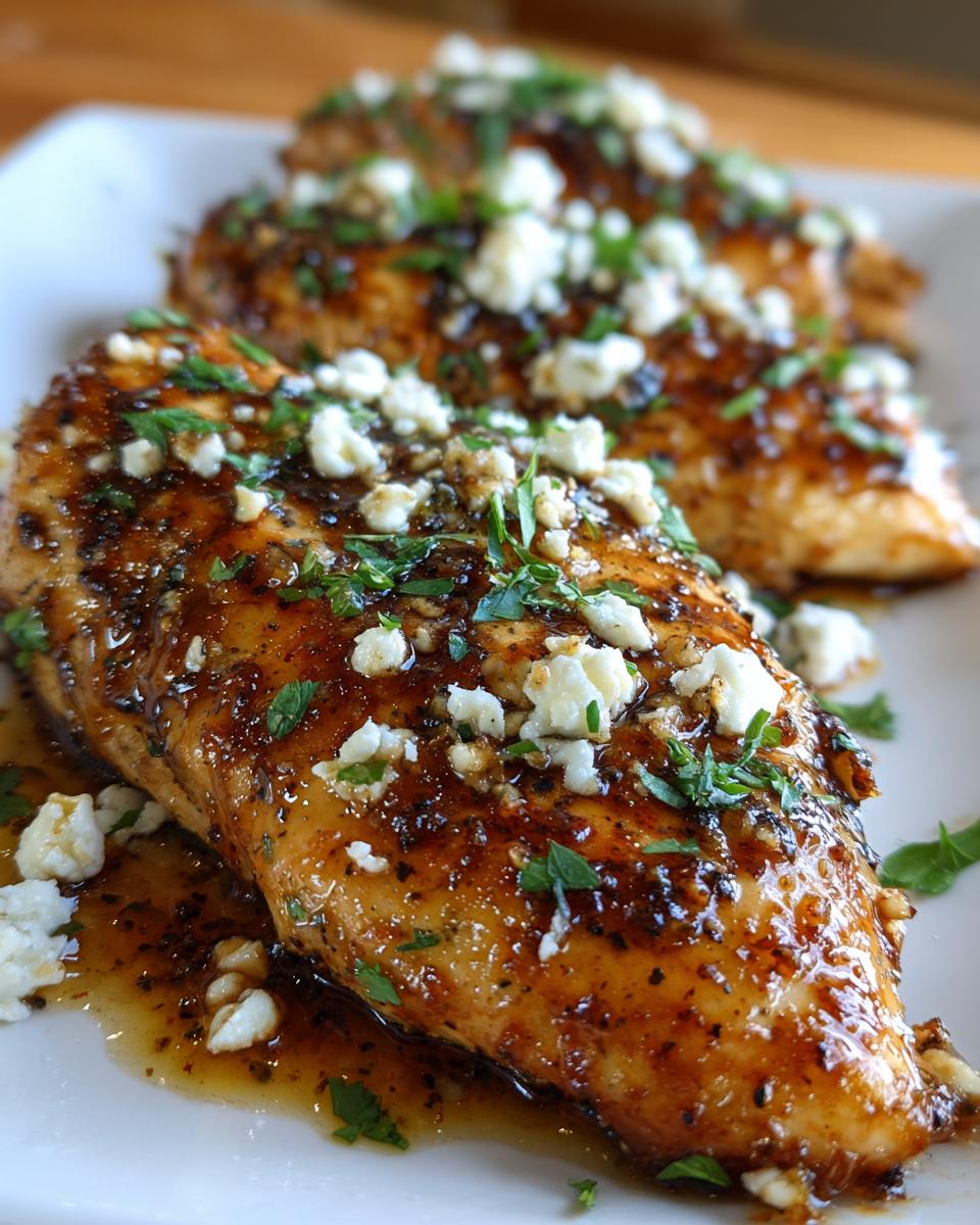 Close-up of a juicy hot honey feta chicken breast, drizzled with sauce and topped with crumbled feta cheese and fresh parsley.