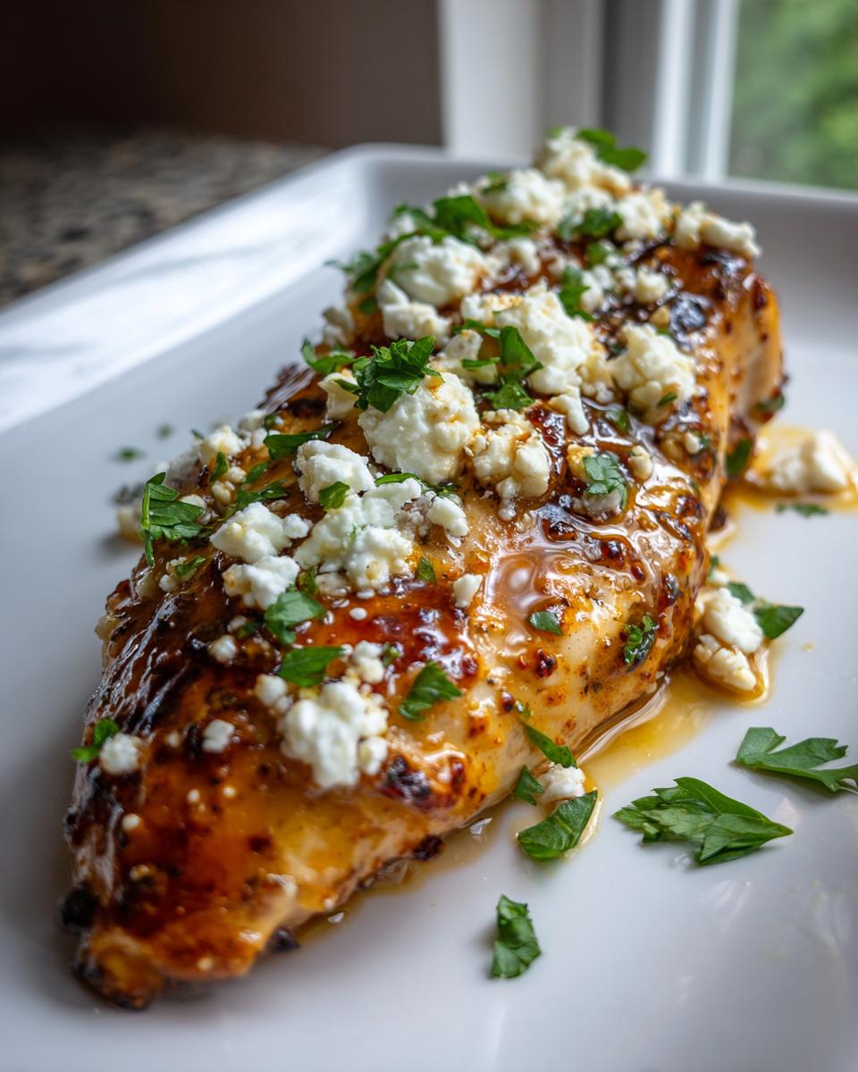 A close-up of a juicy hot honey feta chicken breast topped with crumbled feta cheese and fresh parsley.
