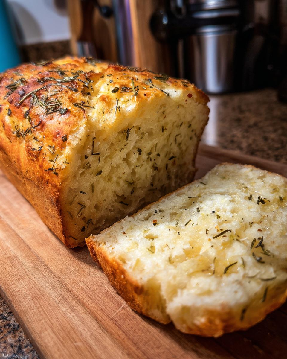 A close-up of a slice of Italian herb and cheese bread, showing the fluffy interior and herbs.