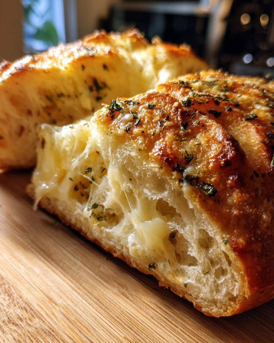 Close-up of a slice of Italian herb and cheese bread, showing melted cheese stretching from the fluffy interior.