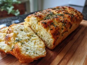 A golden-brown loaf of Italian herb and cheese bread, sliced to reveal a fluffy interior with visible herbs and cheese.