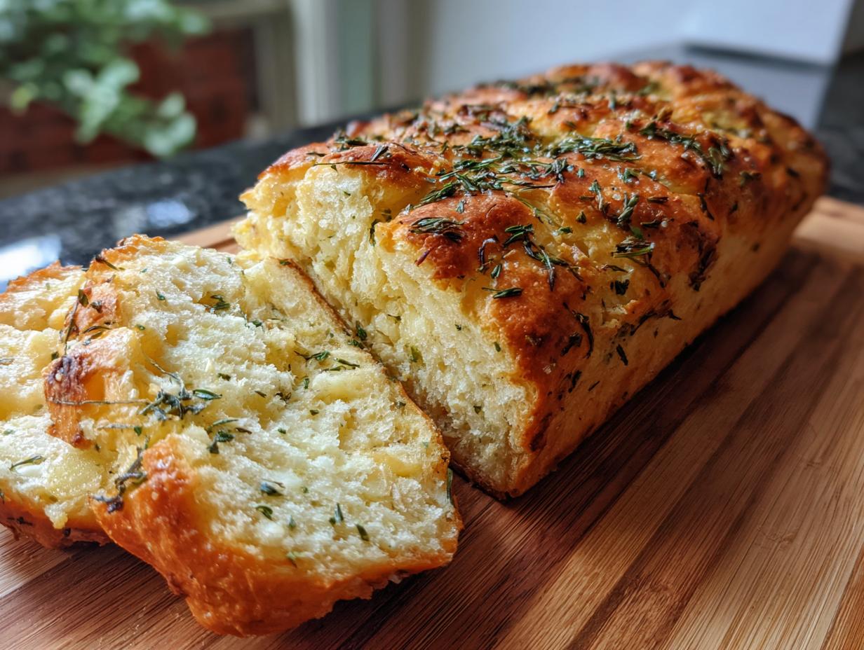 A golden-brown loaf of Italian herb and cheese bread, sliced to reveal a fluffy interior with visible herbs and cheese.