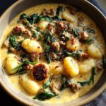 A close-up bowl of creamy Italian sausage gnocchi soup with spinach and red pepper flakes.