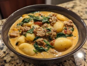 A close-up of a bowl filled with creamy Italian sausage gnocchi soup, featuring tender gnocchi, crumbled sausage, and wilted spinach.