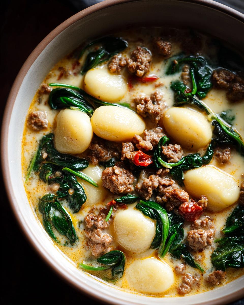 A close-up of a bowl of Italian sausage gnocchi soup with tender gnocchi, crumbled sausage, and wilted spinach.