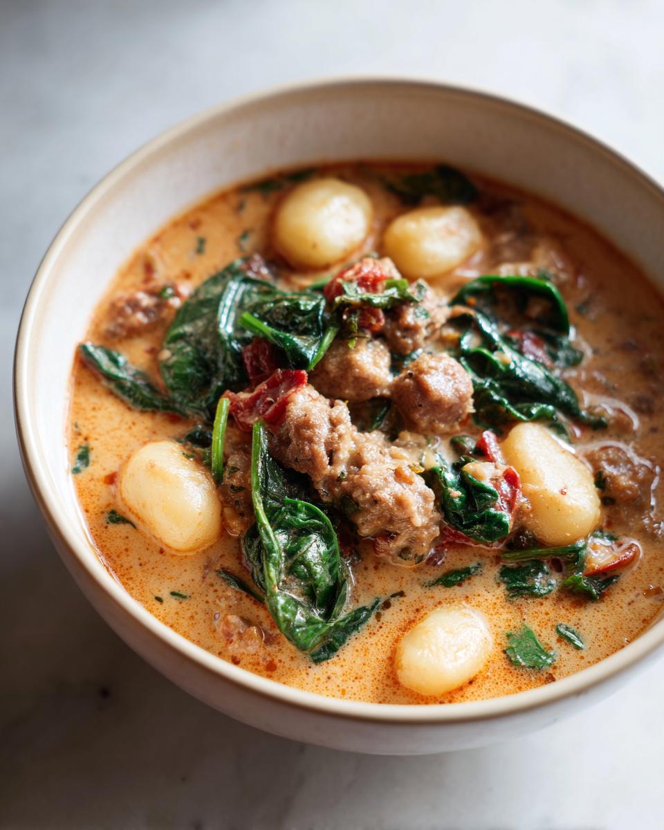 A close-up of a bowl of Italian sausage gnocchi soup, featuring tender gnocchi, savory sausage, and wilted spinach in a creamy broth.