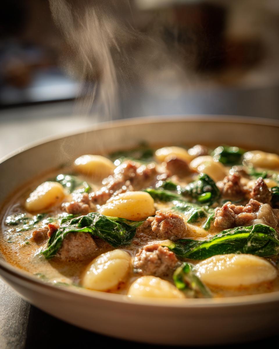 A close-up of a steaming bowl of Italian sausage gnocchi soup with spinach.