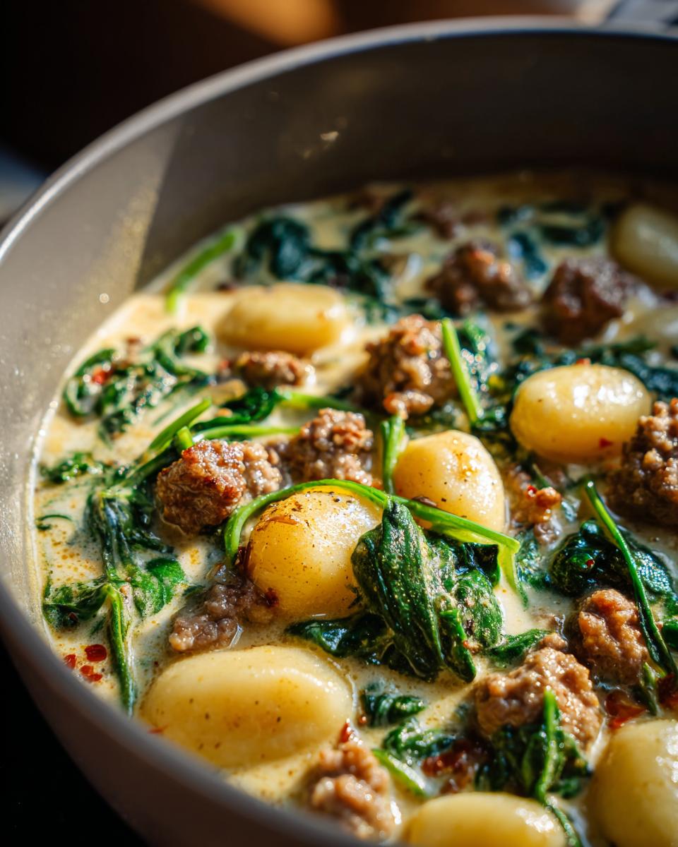 Close-up of a creamy Italian sausage gnocchi soup with spinach and chunks of sausage.