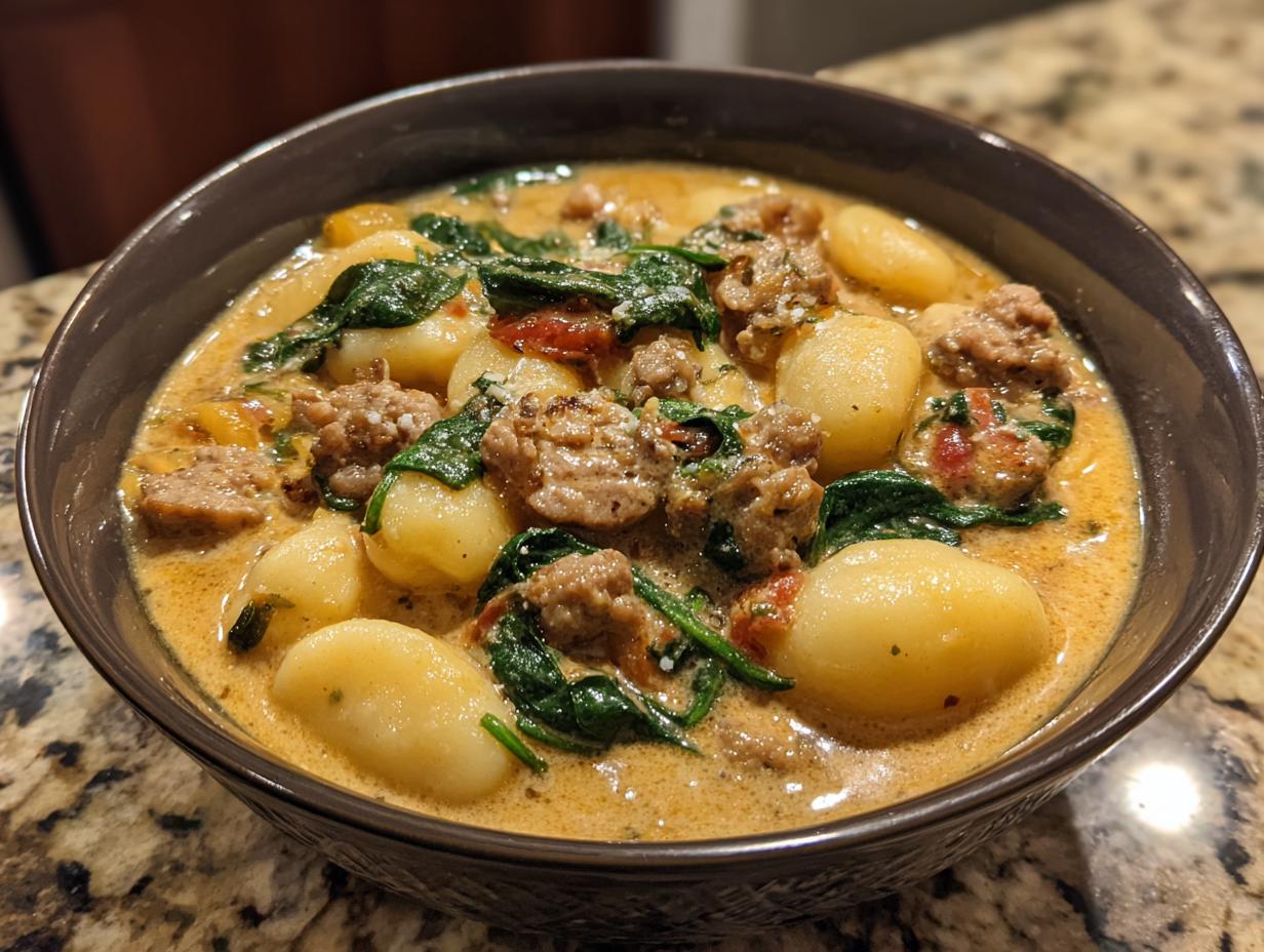 A close-up of a bowl filled with creamy Italian sausage gnocchi soup, featuring tender gnocchi, crumbled sausage, and wilted spinach.