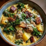 A close-up view of a bowl of Italian sausage soup, featuring chunks of sausage, potatoes, and kale, topped with shredded cheese.