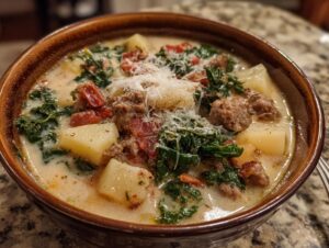 A close-up of a rustic bowl filled with creamy Italian sausage soup, featuring chunks of potato, kale, and Italian sausage, topped with grated Parmesan cheese.