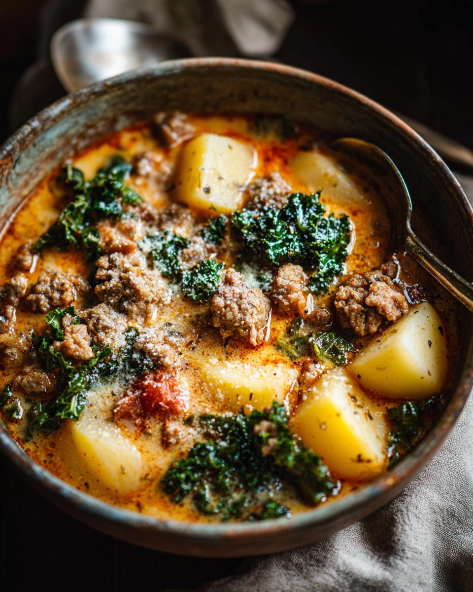 Close-up of a rustic bowl filled with Italian sausage soup, featuring chunks of potatoes, kale, and crumbled sausage.