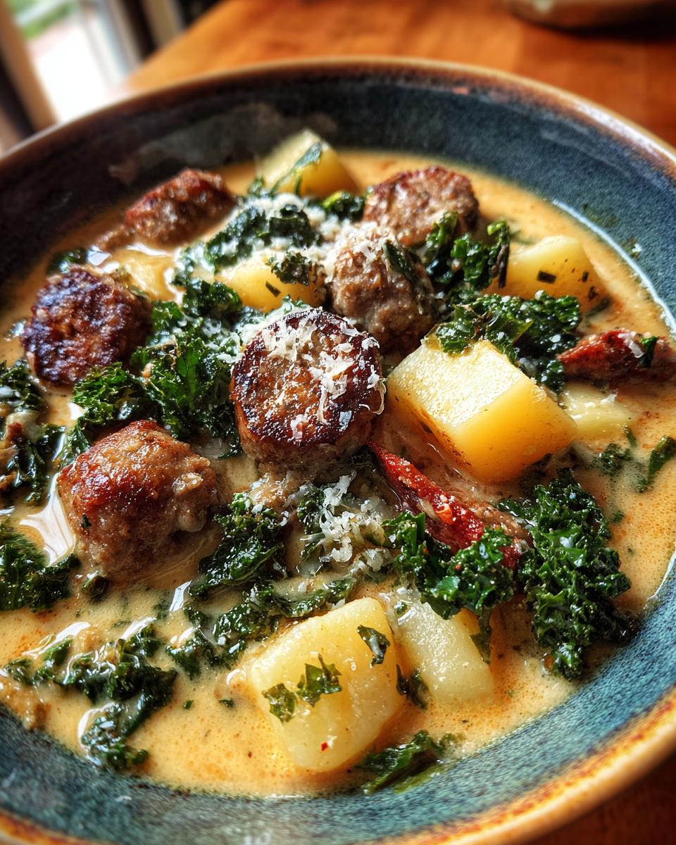 A close-up bowl of Italian sausage soup featuring chunks of sausage, potatoes, and kale, topped with grated cheese.