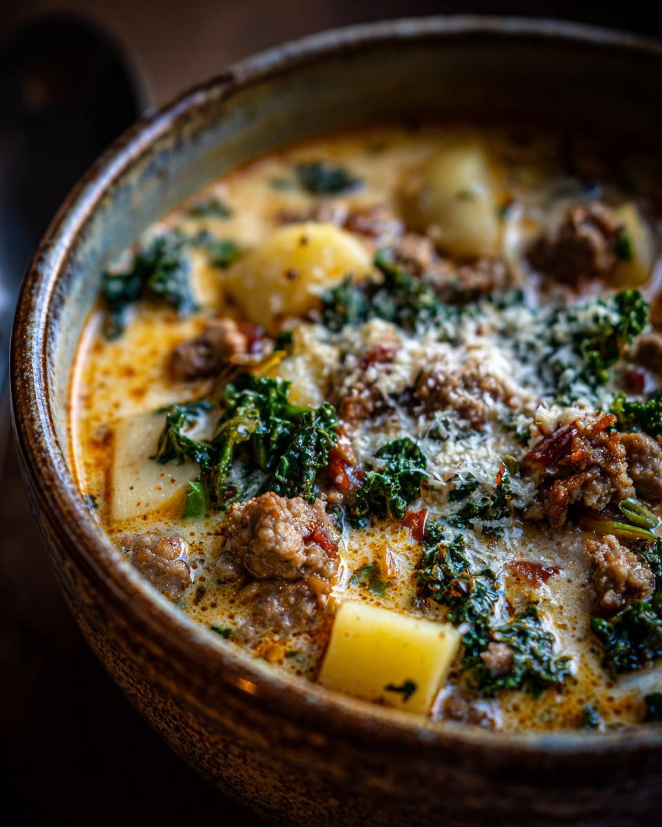 Close-up of a rustic bowl filled with creamy Italian sausage soup, featuring chunks of sausage, potatoes, and kale, topped with grated Parmesan.