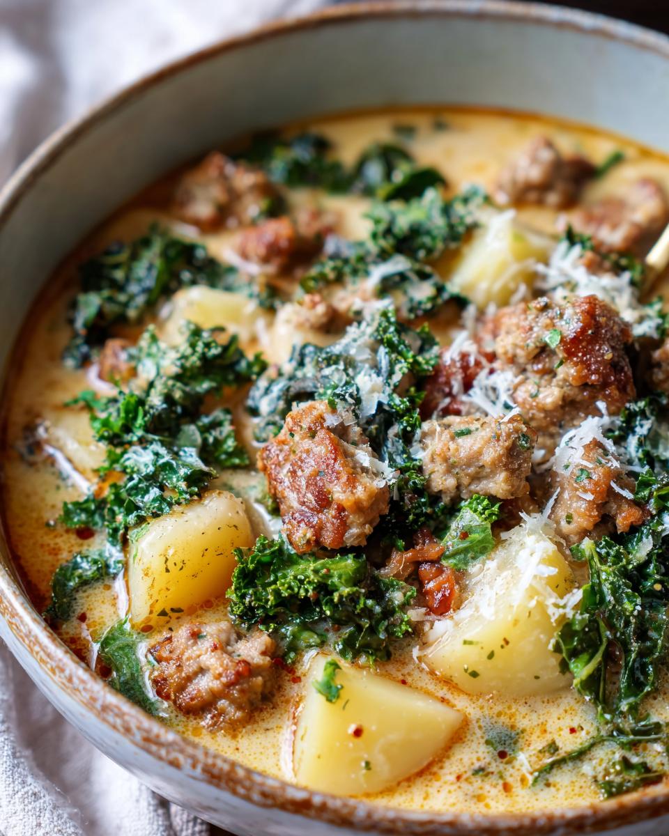 Close-up of a bowl of creamy Italian sausage soup with chunks of sausage, potatoes, and kale, topped with grated Parmesan cheese.