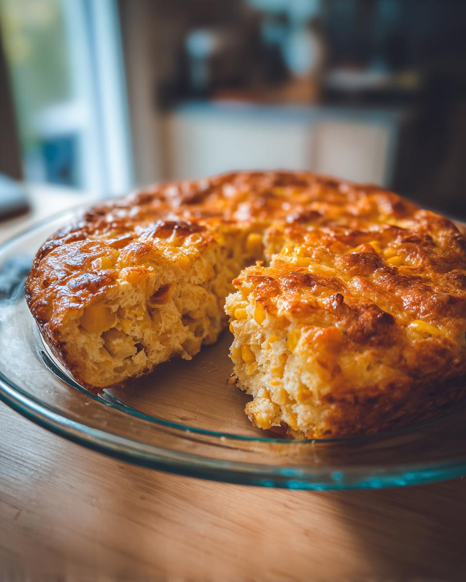 A golden-brown Jiffy Corn Casserole with visible corn kernels, partially sliced on a glass dish.