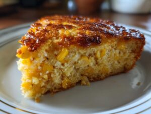 A close-up of a slice of Jiffy Corn Casserole on a white plate, showing visible corn kernels and a golden-brown crust.
