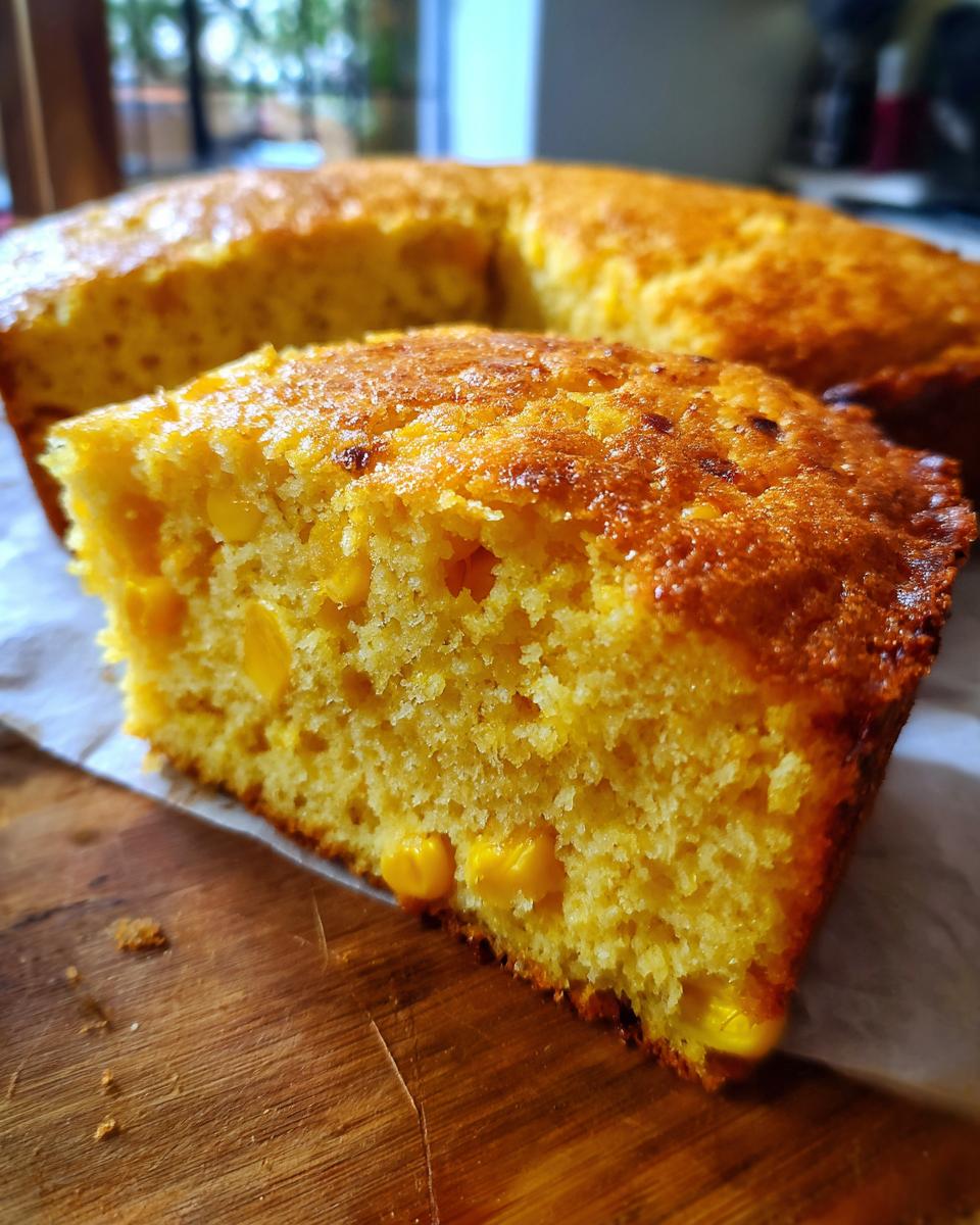 A close-up shot of a slice of jiffy corn casserole, showcasing its moist texture and visible corn kernels.