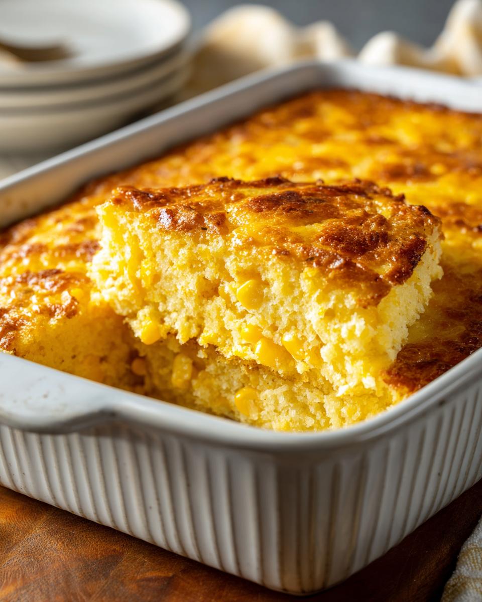 A close-up of a golden-brown slice of Jiffy Corn Casserole in a white baking dish, showing visible corn kernels.