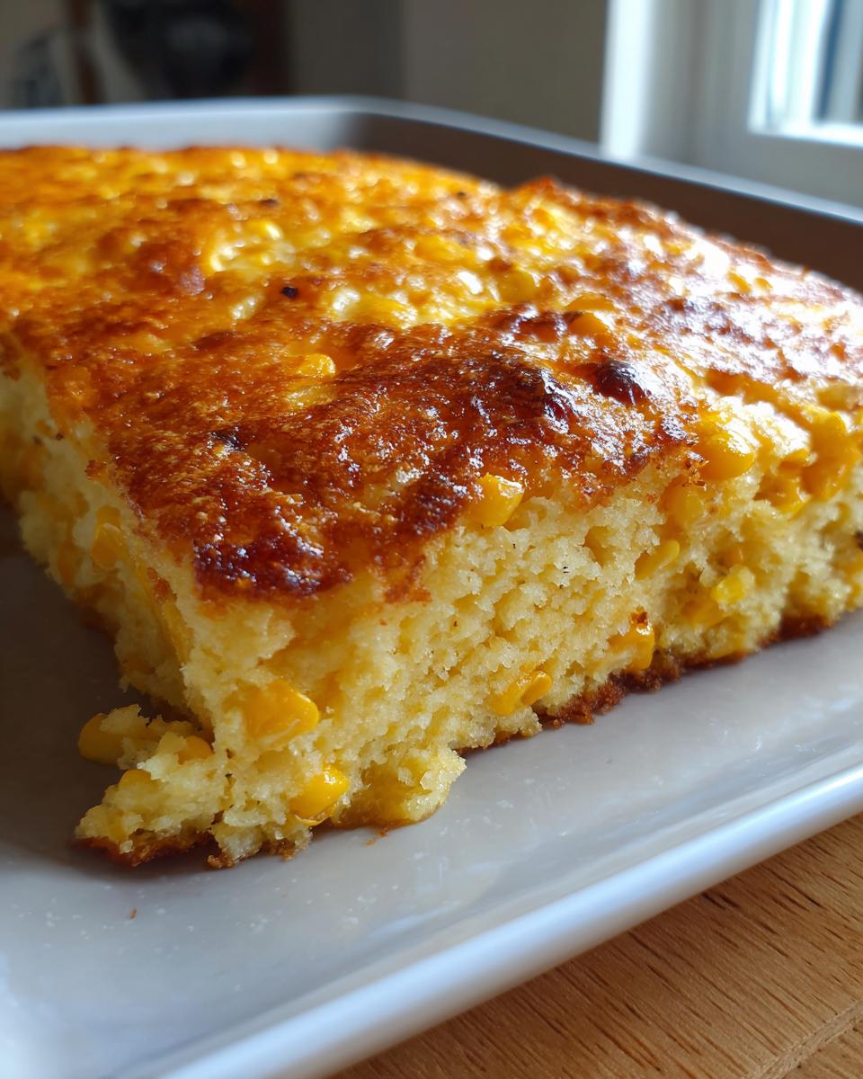 A close-up of a golden-brown slice of Jiffy Corn Casserole, showing visible corn kernels within the fluffy texture.