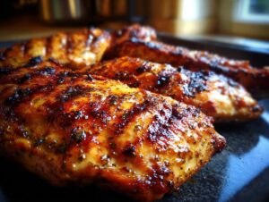 Close-up of perfectly seasoned and grilled chicken breasts, showcasing a juicy and flavorful texture.