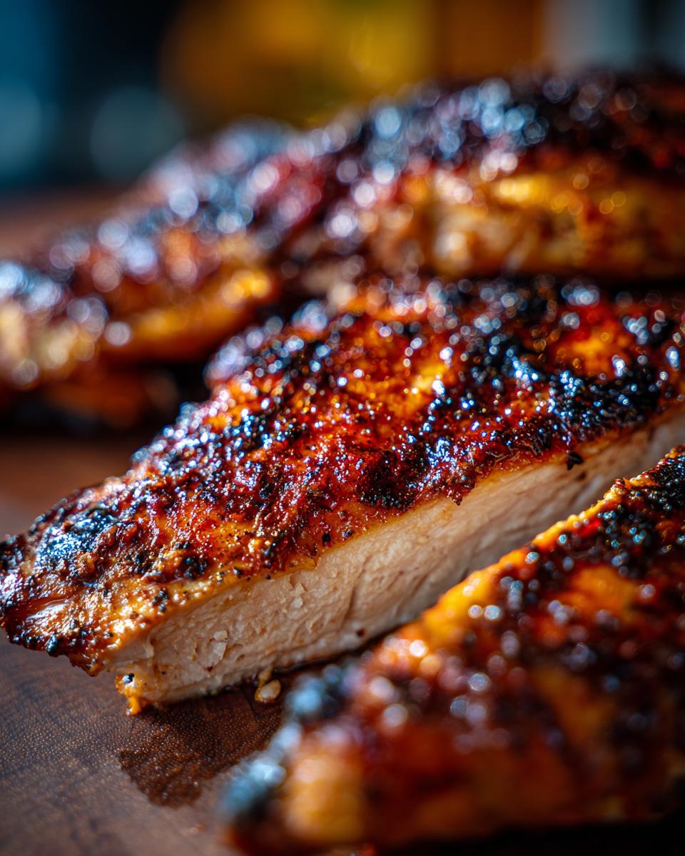 Close-up of a perfectly grilled chicken breast, showcasing its juicy interior and crispy, seasoned skin.