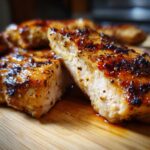 Close-up of a perfectly cooked juicy grilled chicken recipe, showing its tender interior and seasoned crust.