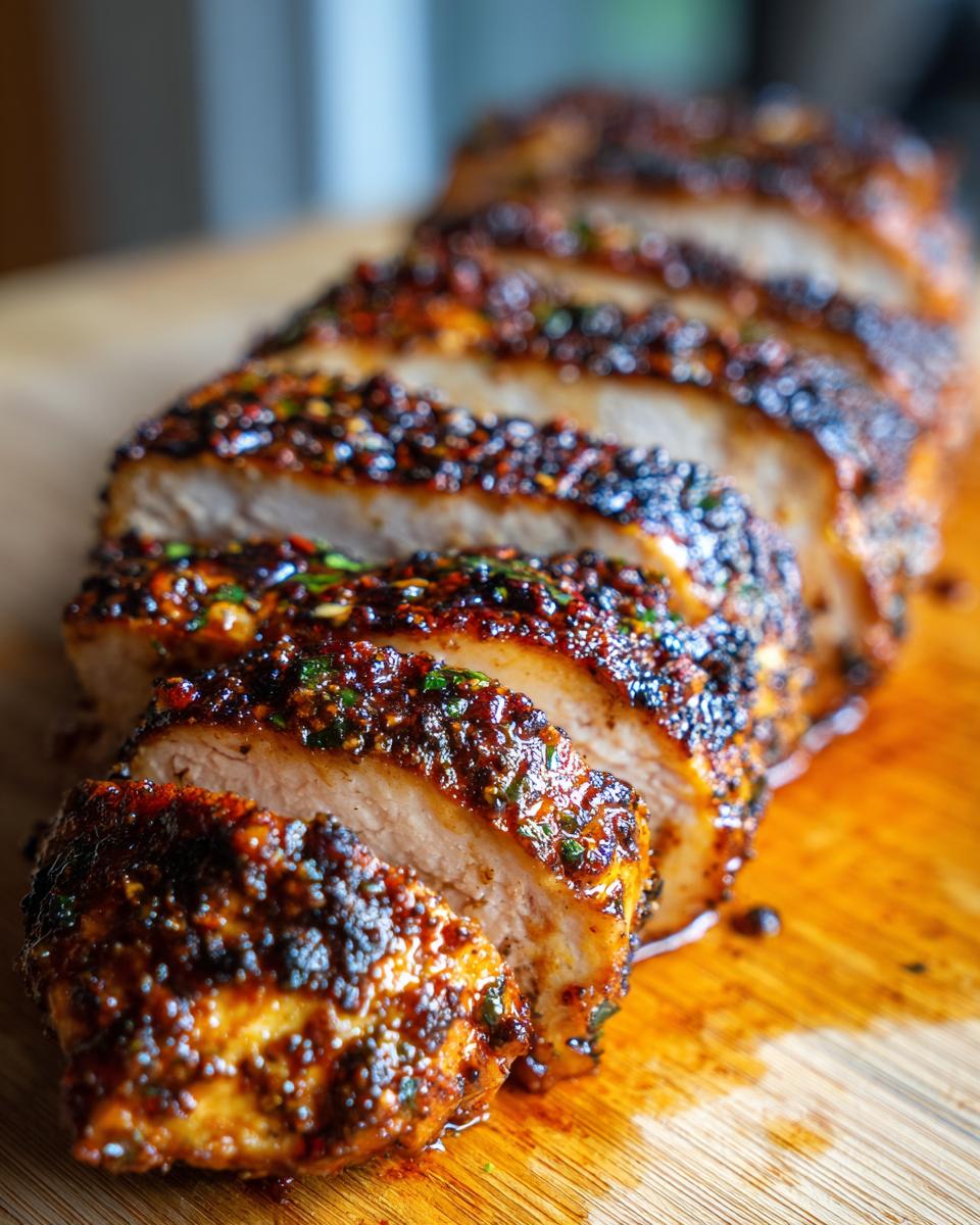 Close-up of sliced juicy grilled chicken recipe, coated in a flavorful spice rub and herbs.